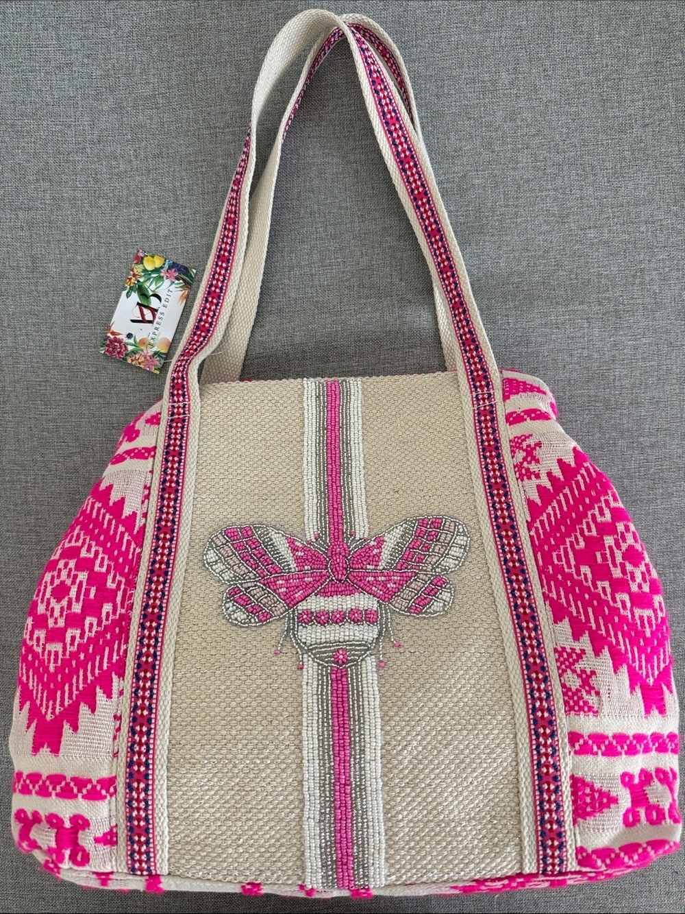 Pink and Cream Embroidered Tote Bag